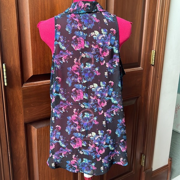 Decree Top Blouse Sheer Button Down Floral Sleeveless Black/multi Size L - Picture 9 of 12